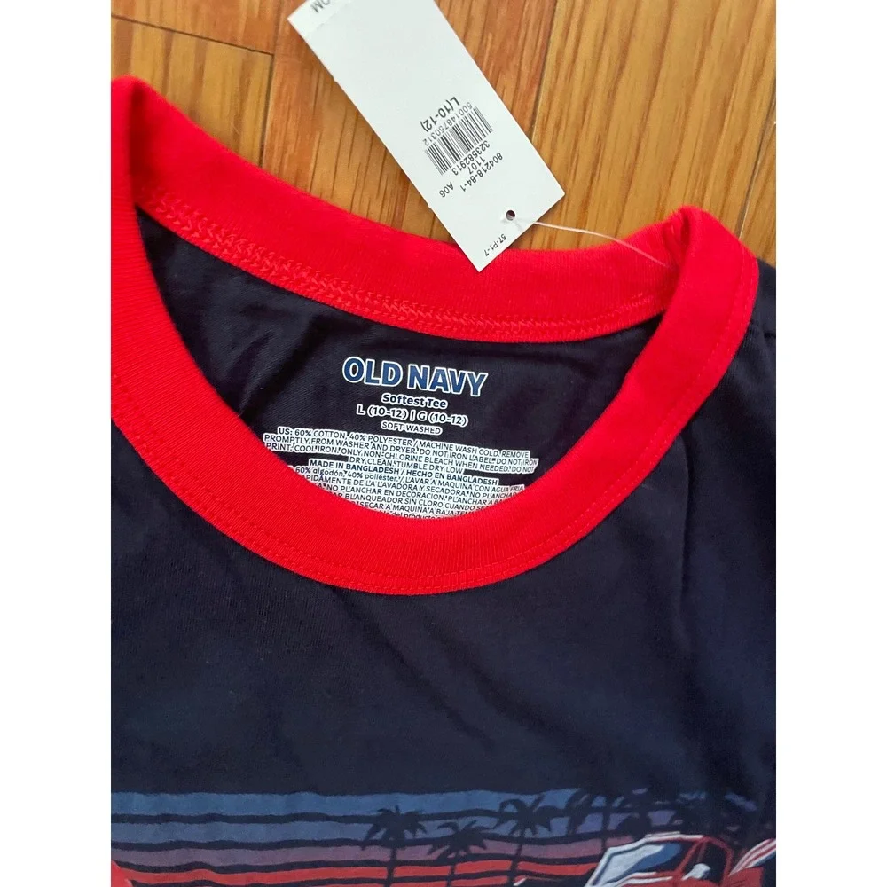 Old Navy Softest Tee Navy Blue Red Ringer Sunset Truck Graphic Shirt L 10-12